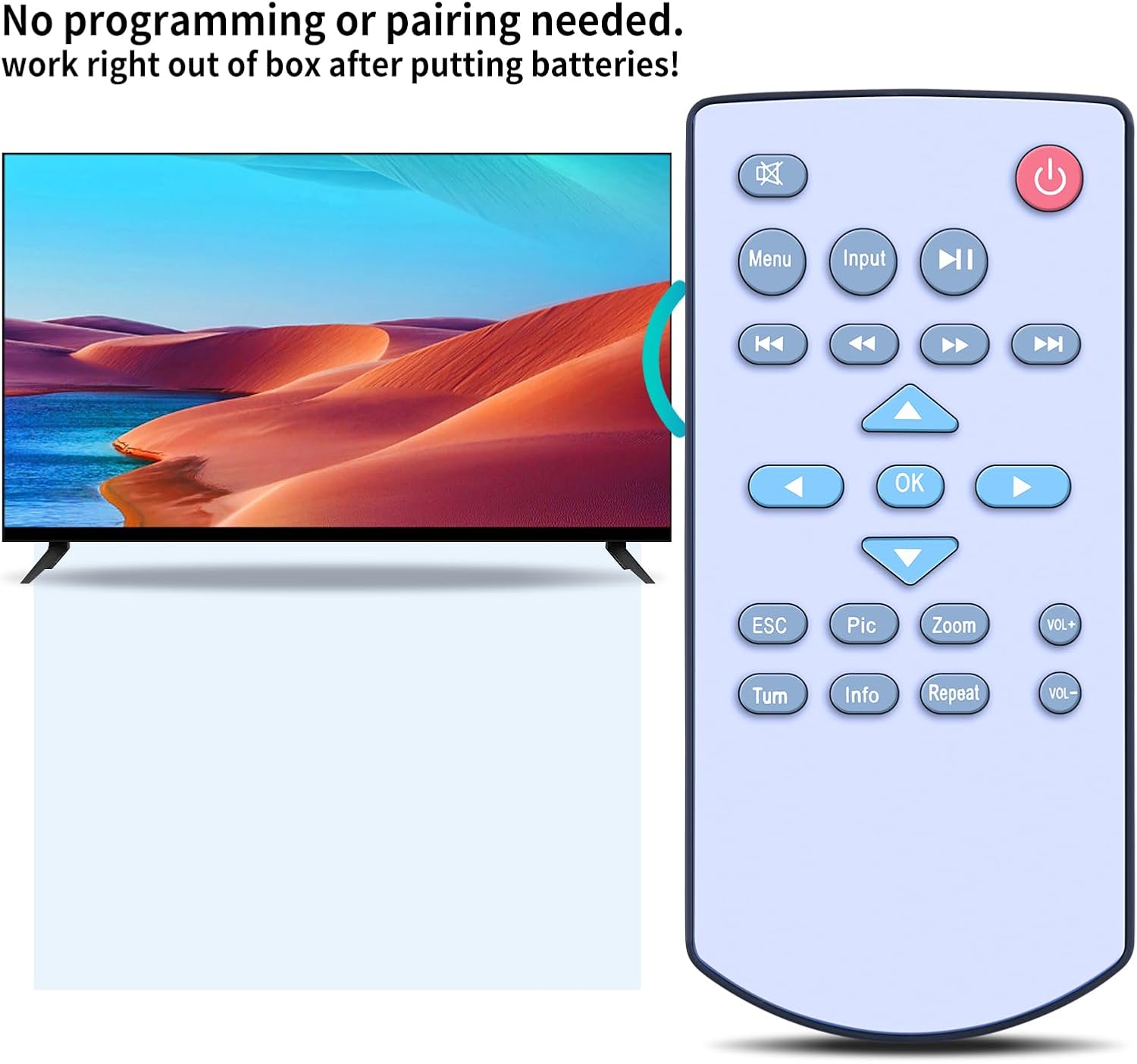 Remote control with text indicating no programming or pairing needed