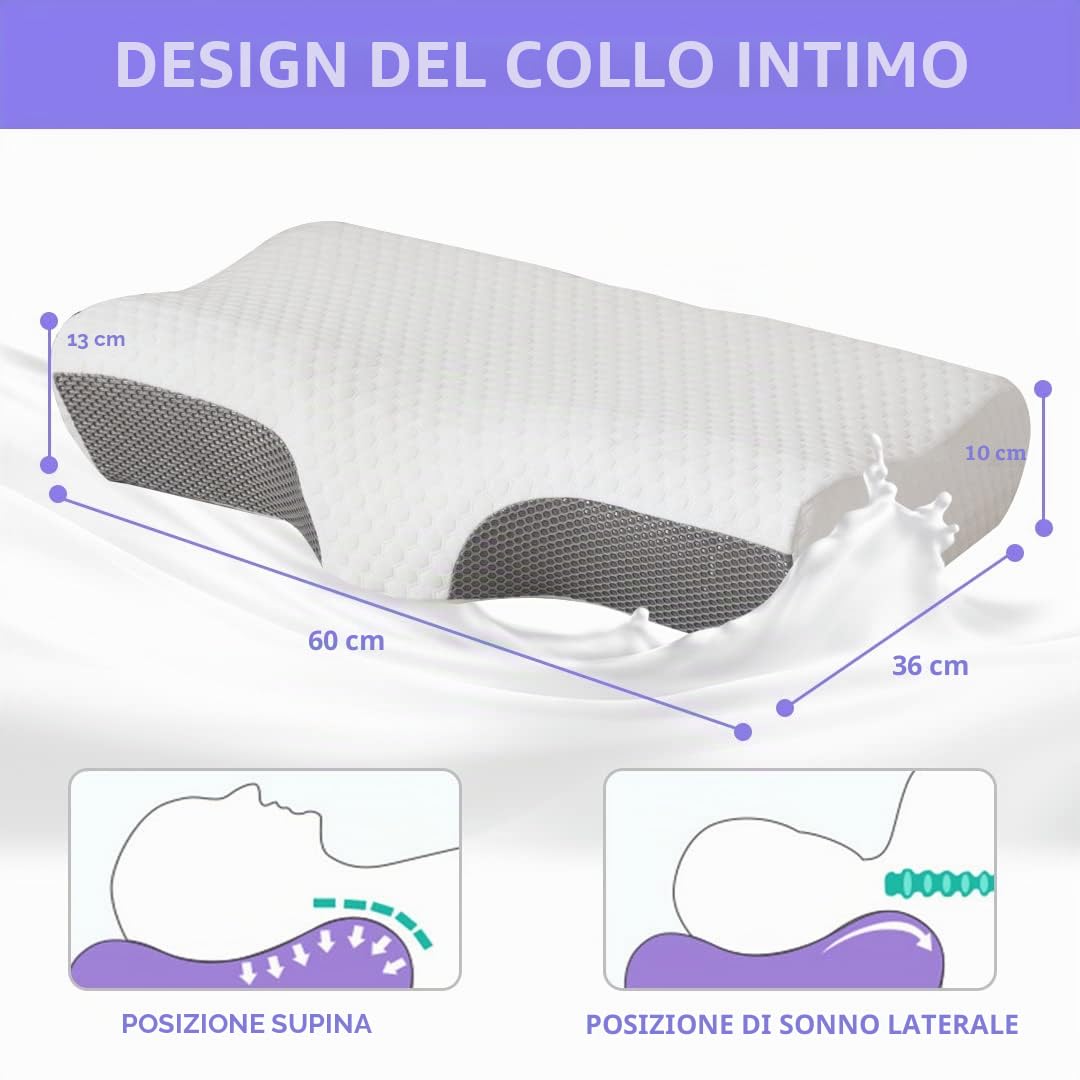 Good Nite Cuscino cervicale in memory foam, supporto solido per collo e spalle, supporto ortopedico, per chi dorme sul fianco, con rivestimento rimovibile, 36 x 60 x 13/10 cm (bianco)