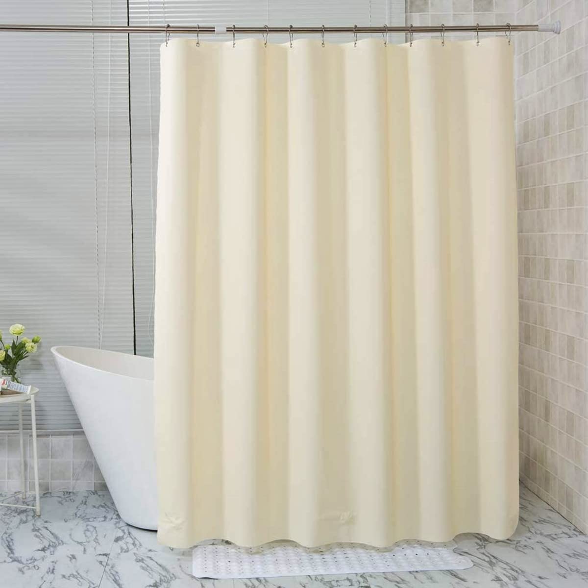 HOMECROWN Stripe Design Waterproof Shower Curtain for Bathroom, 7x4 Feet Plastic Curtain with 8 Hooks – 54 x 84 Inch, Cream