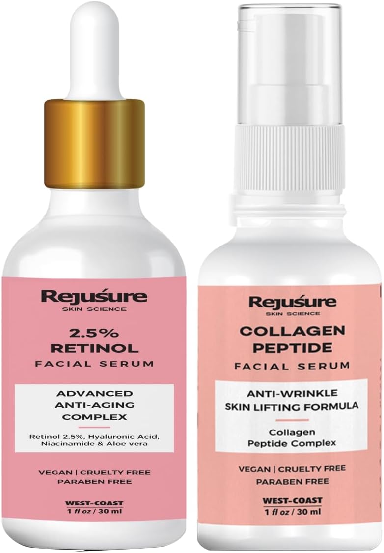 Rejusure Youthful Skin Duo | Retinol Facial Serum (30ml) & Collagen Peptide Night Facial Serum (30ml) - Targeted Anti-Aging Solutions for Smooth, Firm Skin