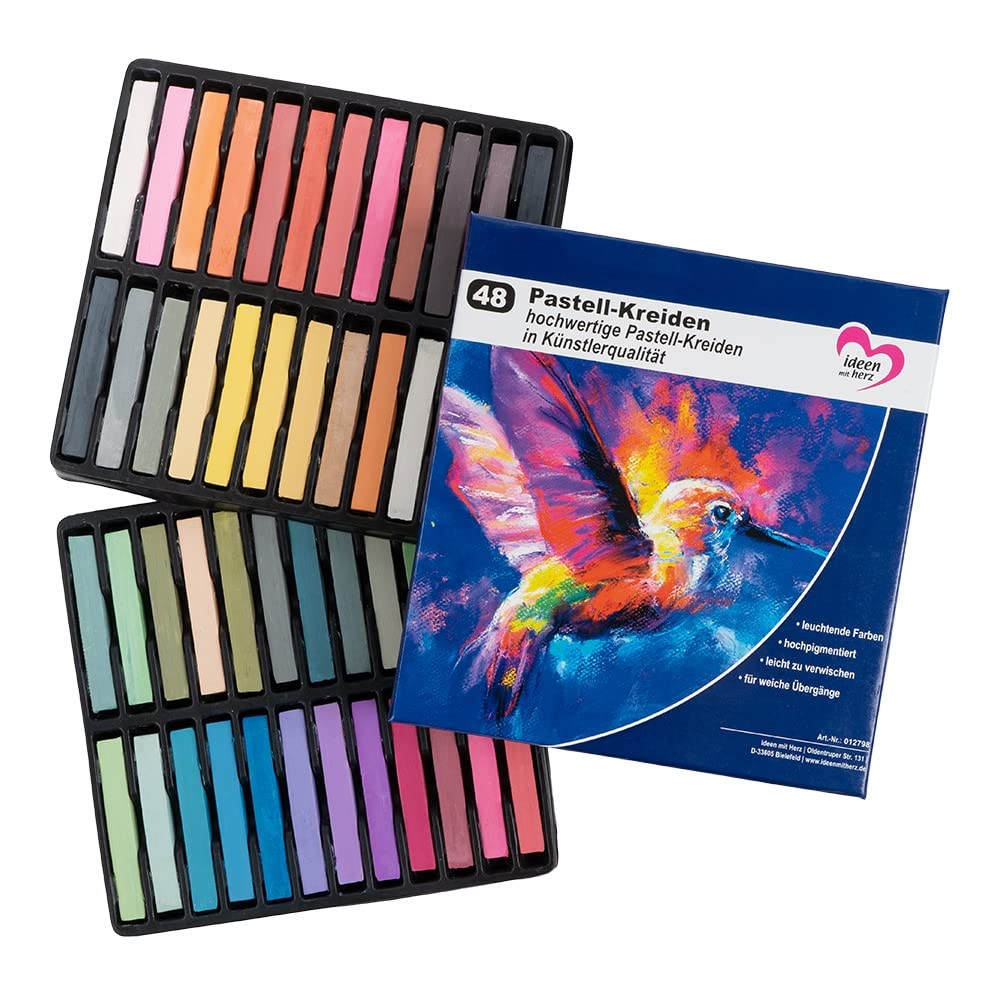 Ideen mit Herz Gesso pastello, 48 gessetti di alta qualità in colori vivaci, altamente pigmentati | studio, arte, hobby, pittura, artigianato, fai da te
