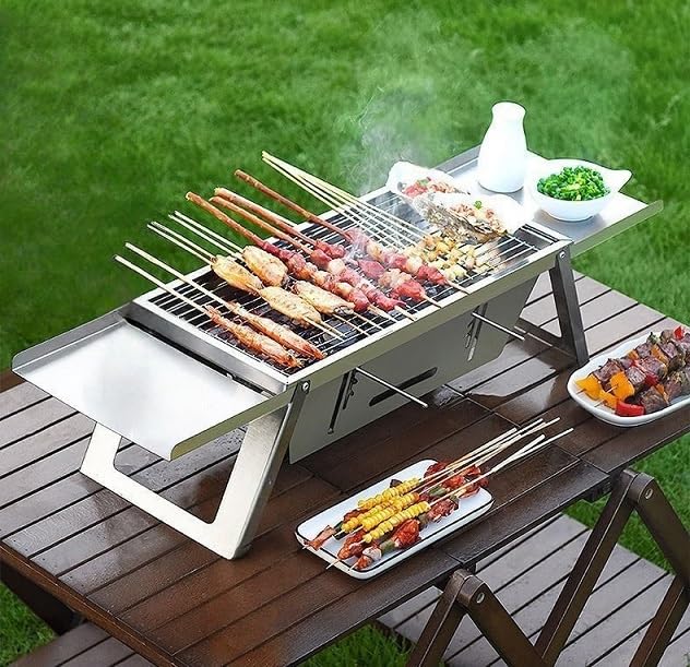 Parrilla plegable portátil de acero inoxidable, 73 x 21,5 x 17 cm, altura ajustable, camping y exterior