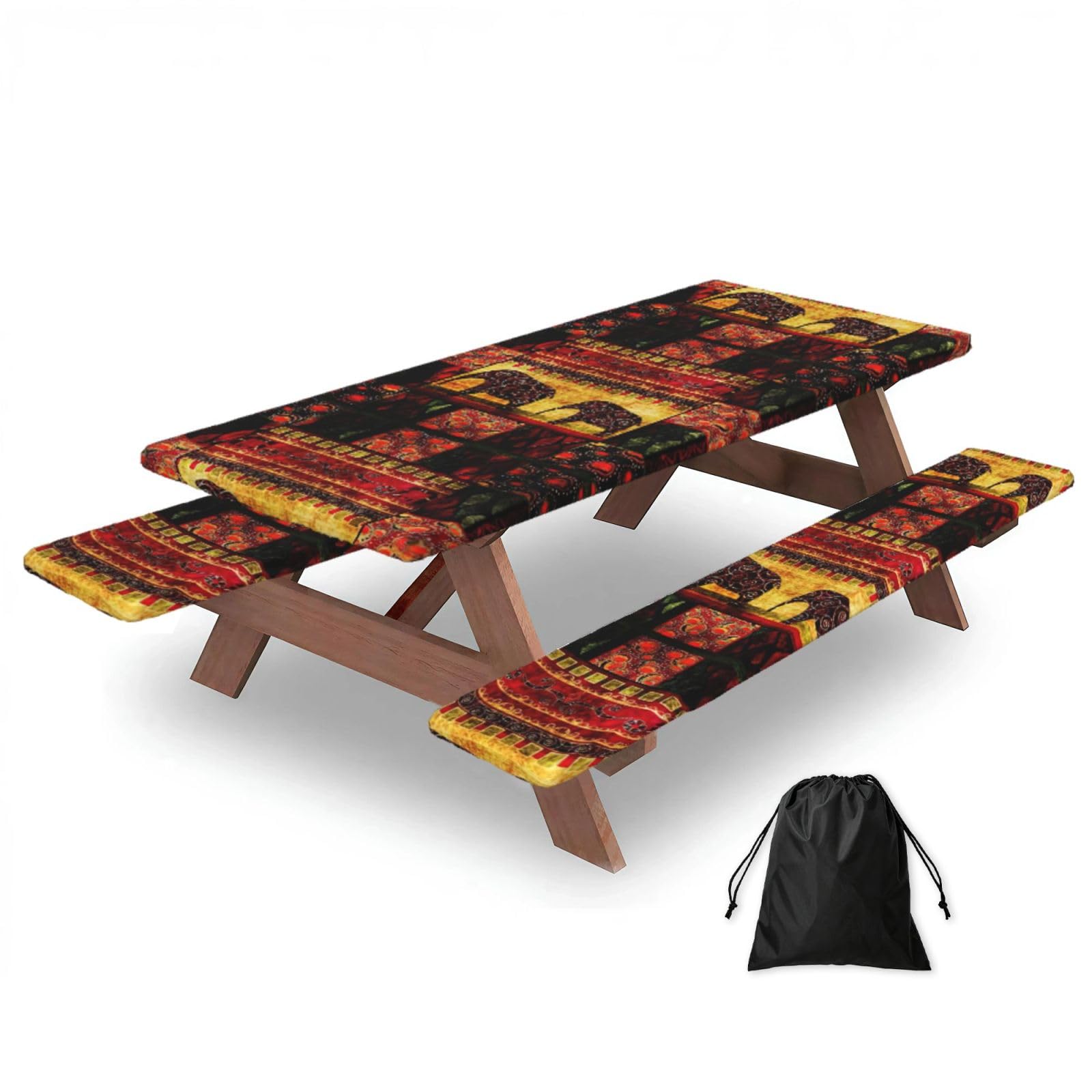 Yqxwjl Black African Elephant Patchwork Print Camping Essentials Waterproof Camping Table And Bench Cover With Drawstring Bag 183 Cm