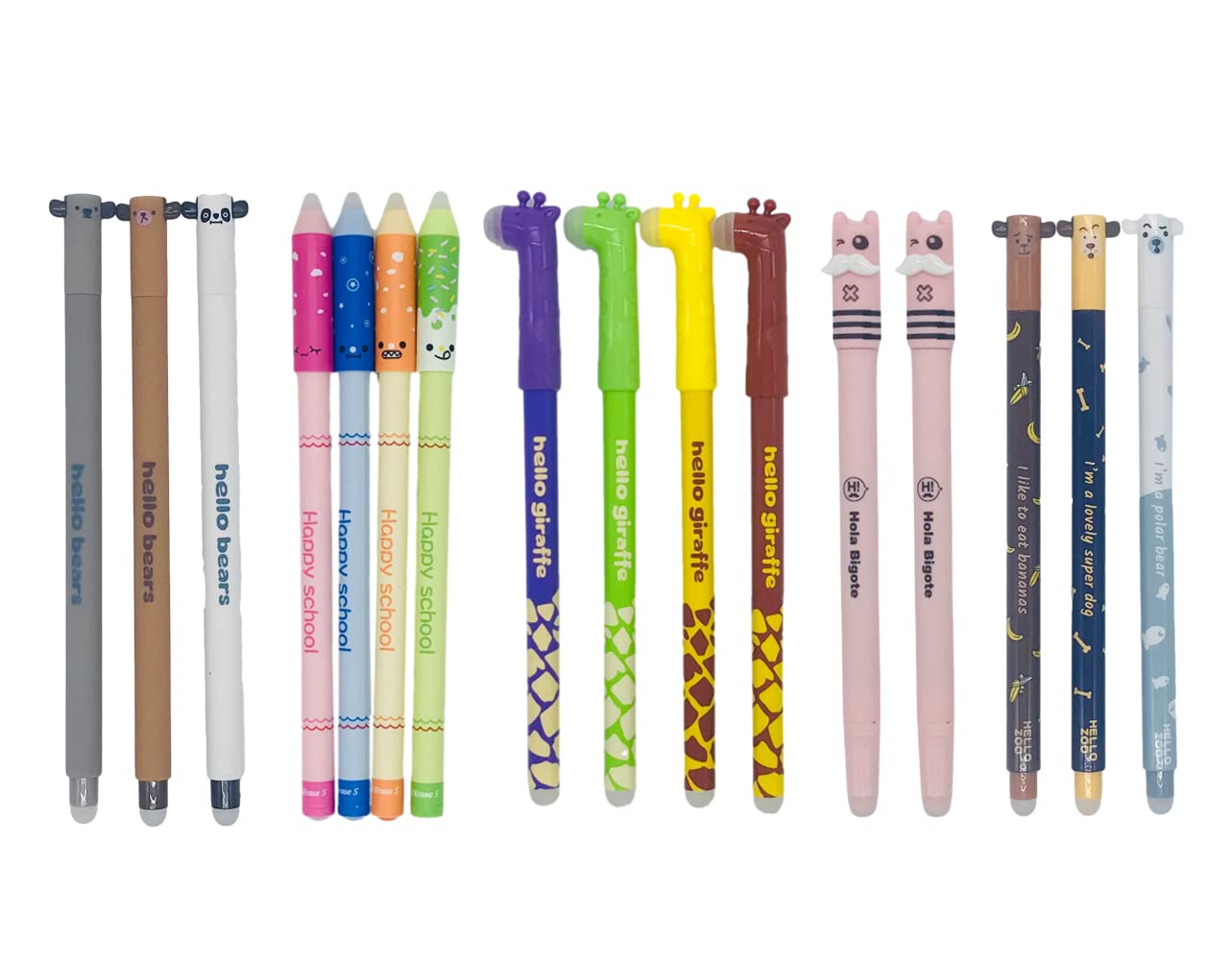 Boligrafo borrable kawaii diseño ositos, jirafas, bigote, happy, orejas, pack 16 diseños tinta azul 0,5 mm