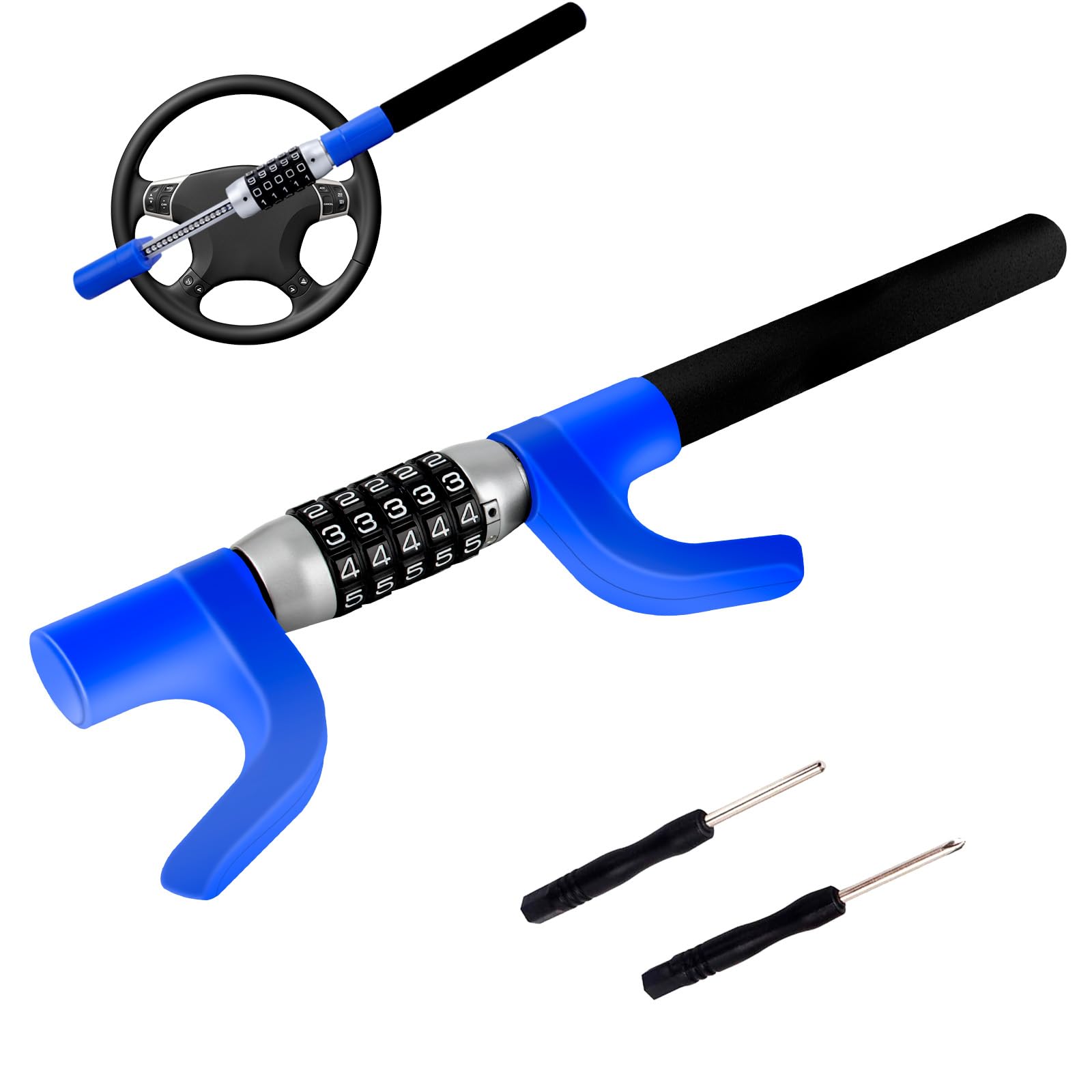 OPL5 Car Wheel Lock Anti-Theft Device, Password High-Security Vehicle Lock, Adjustable Heavy-Duty Protective Retractable Universal Steering Lock for Cars, SUVs, Trucks?Blue?