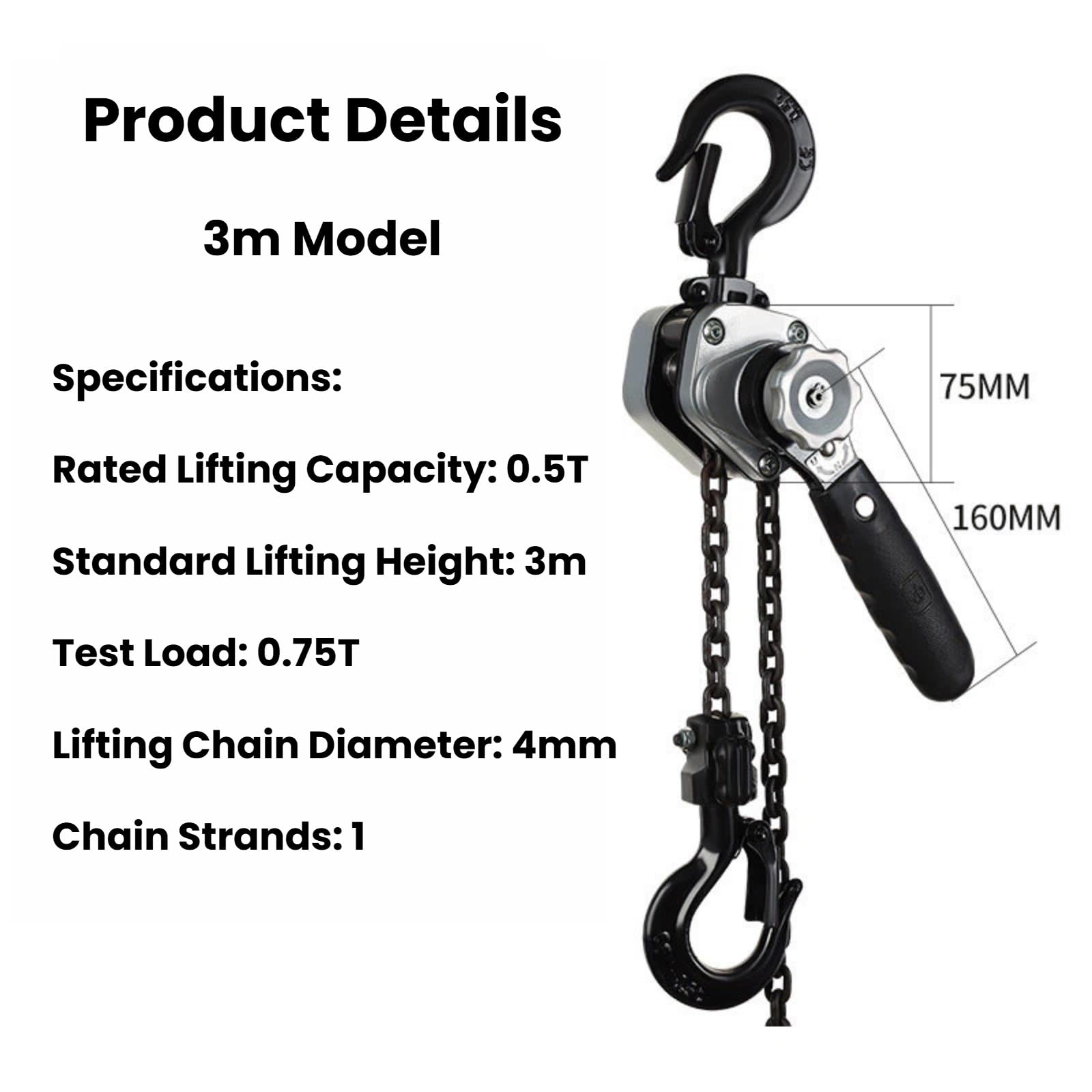 Mini-Hebelzug 0,5T – Tragbarer Kettenzieher for Heben und Spannen | Leicht, kompakt und einfach zu bedienen – ideal for enge Räume(Black,3m)