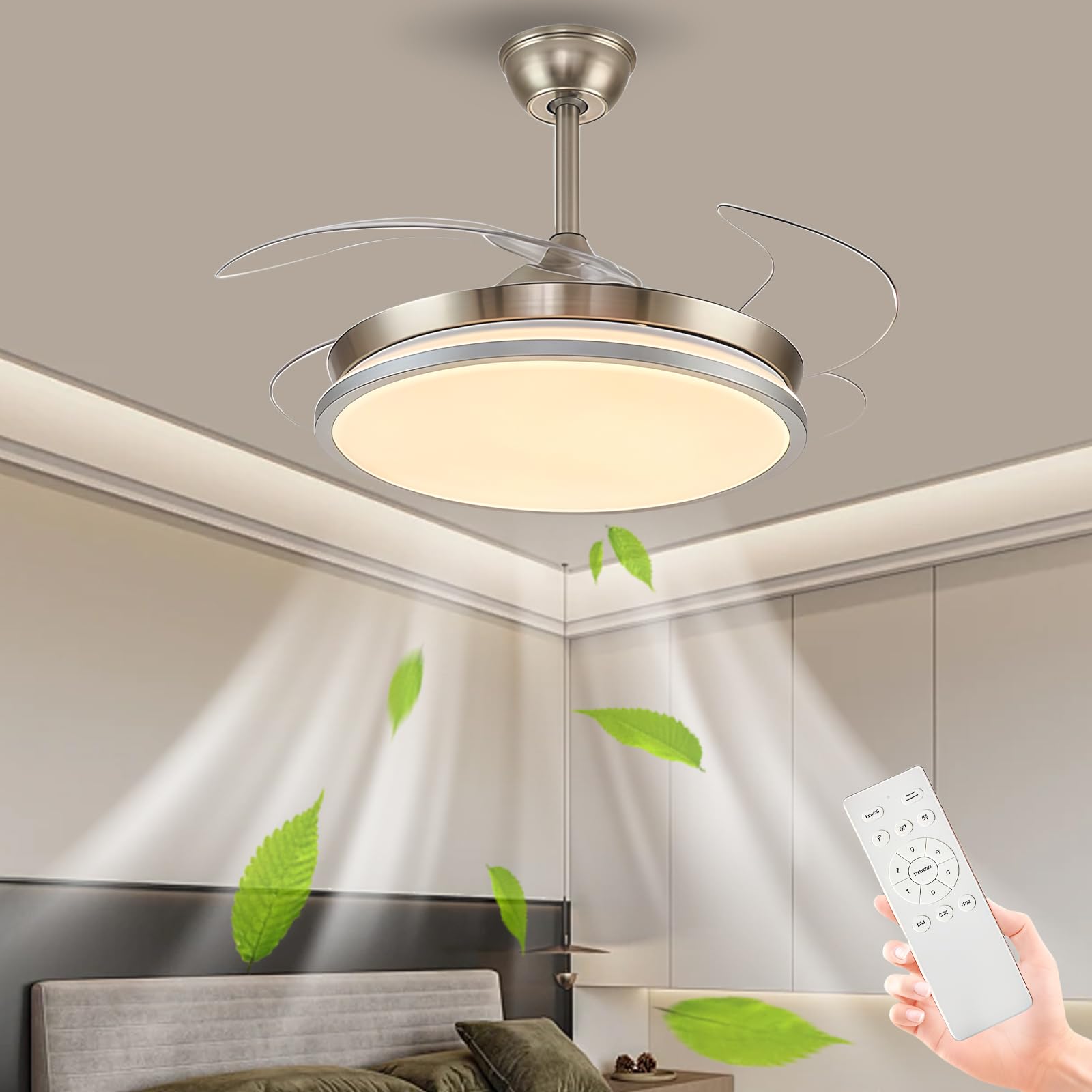 LASANYA Ventilador de techo retráctil de 102CM con luz y mando a distancia, Lámpara Ventilador Techo silencioso para dormitorio, Ceiling Fan with Light para salón, sala de estar, oficina-Plata