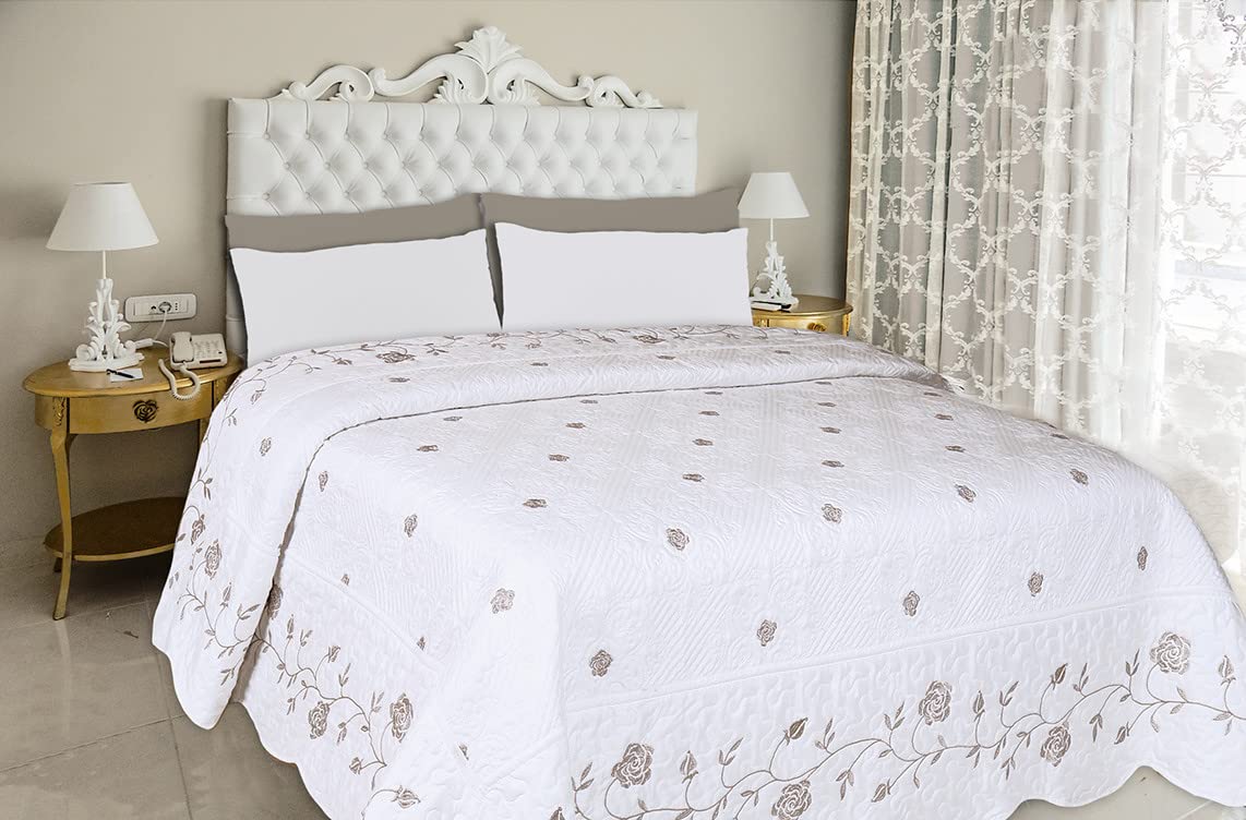 COPRILETTO Jacquard Ricamato Matrimoniale Rose Primaverile Tessuto Pesante ROSETO - Tortora