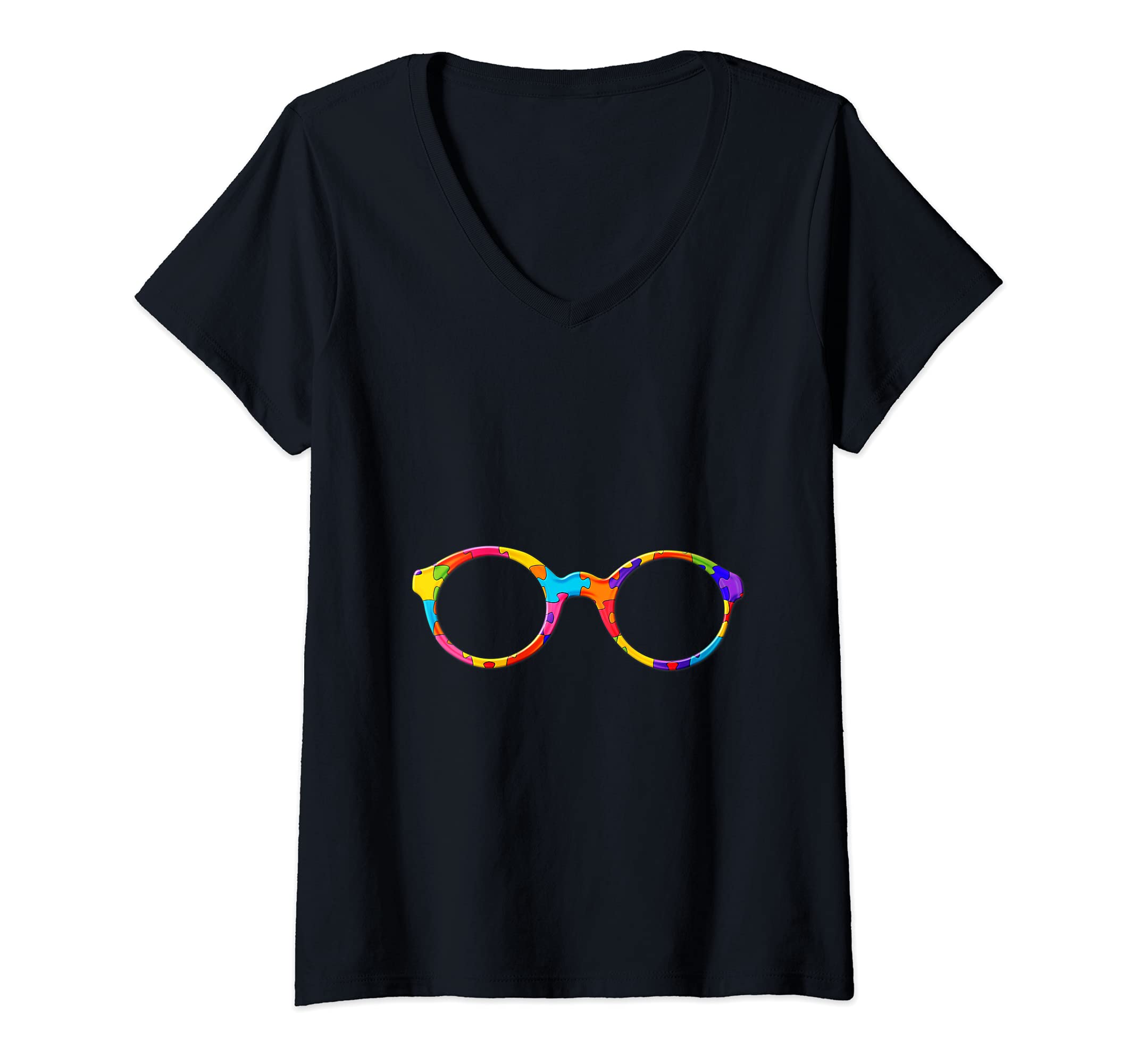 Womens Nerd Geek Glasses Jigsaw Autism Puzzle V-Neck T-Shirt