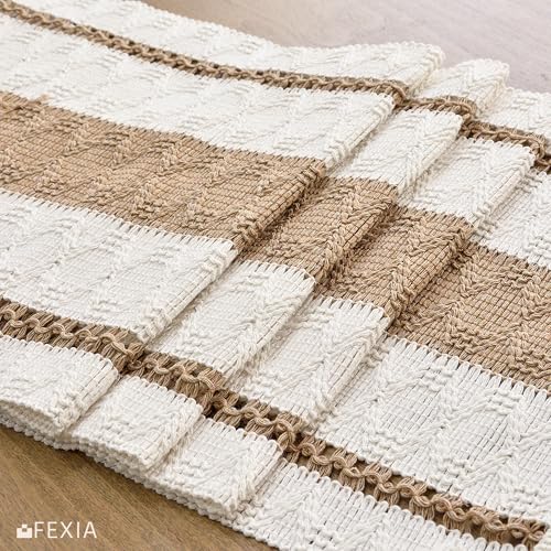Image of FEXIA Boho Table Runner for Hoilday Spring Home Decor Farmhouse Rustic Table Runner Macrame Burlap Coffee Table Decor House Decoration for Living Room Bridal Shower (12x72 Inches)