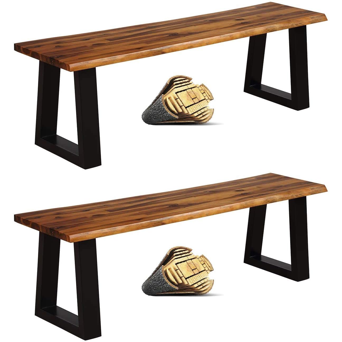 HAPPYGRILL Acacia Wood Patio Bench Set of 2, Dining Picnic Bench with Metal Frame, 57.5" Wood Bench for Indoor Outdoor Garden Backyard Lawn
