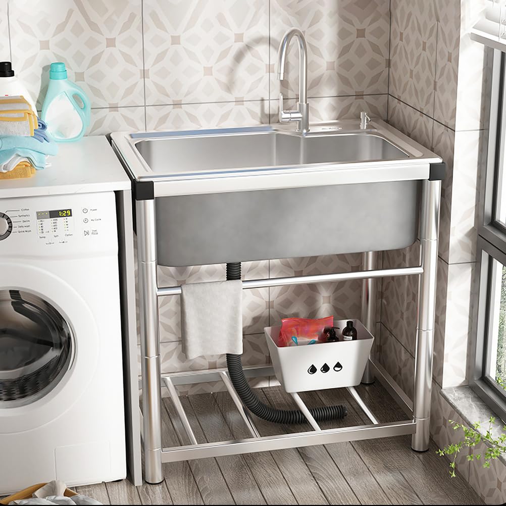 Plonge INOX 1 Bac Professionnel Évier De Cuisine sur Pied Commercial avec Robinet d'eau Chaude Et Froide, Étagère De Rangement 1.0mm Évier Utilitaire pour Buanderie,Garage,50 * 37 * 75cm