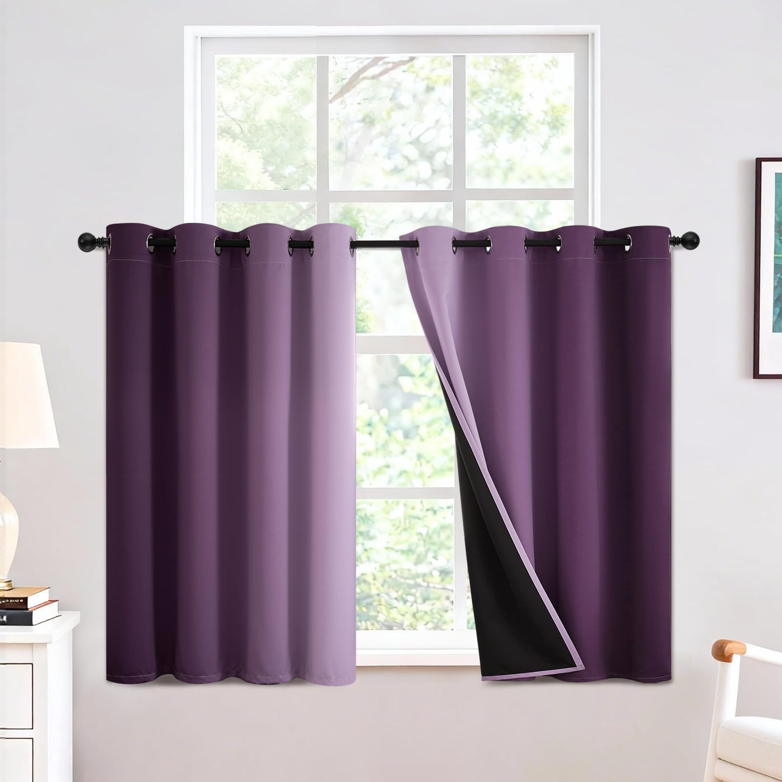 Yakamok Purple 100% Blackout Curtains for Bedroom，Ombre Room Darkening Curtains for Living Room Grommet Window Curtains 36 inches Long,Thermal Insulated Gradient Curtains & Drapes,2 Panels,52x36 inch