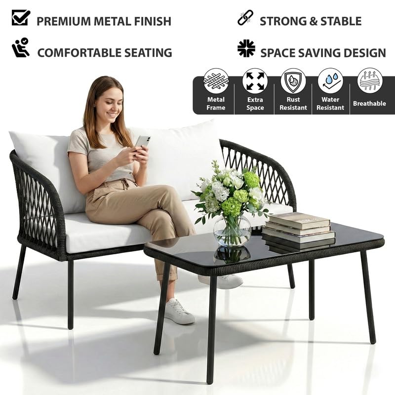 Image of OUTLIVING Braid Rope & Metal Frame Outdoor 4-Seater Sofa Set with Tempered Glass Top Center Table, Water-Repellent Cushions & Handwoven Design for Patio, Garden and Balcony (Black and White)