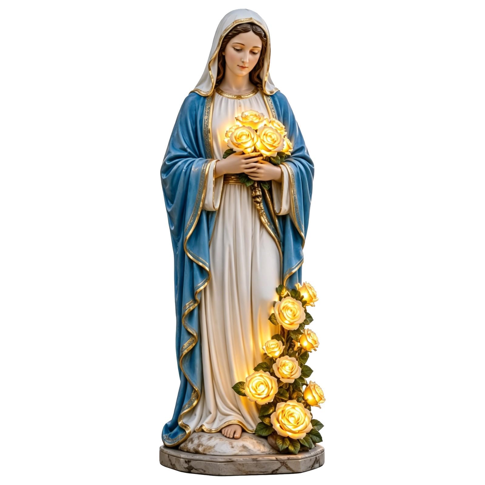 Virgin Mary Garden Light Resin Religious Figurine with Lighting Roses Outdoor Virgin Mary Garden Statue with LED Glowing Roses, Blessed Mother Garden Statue for Catholic Garden Decor