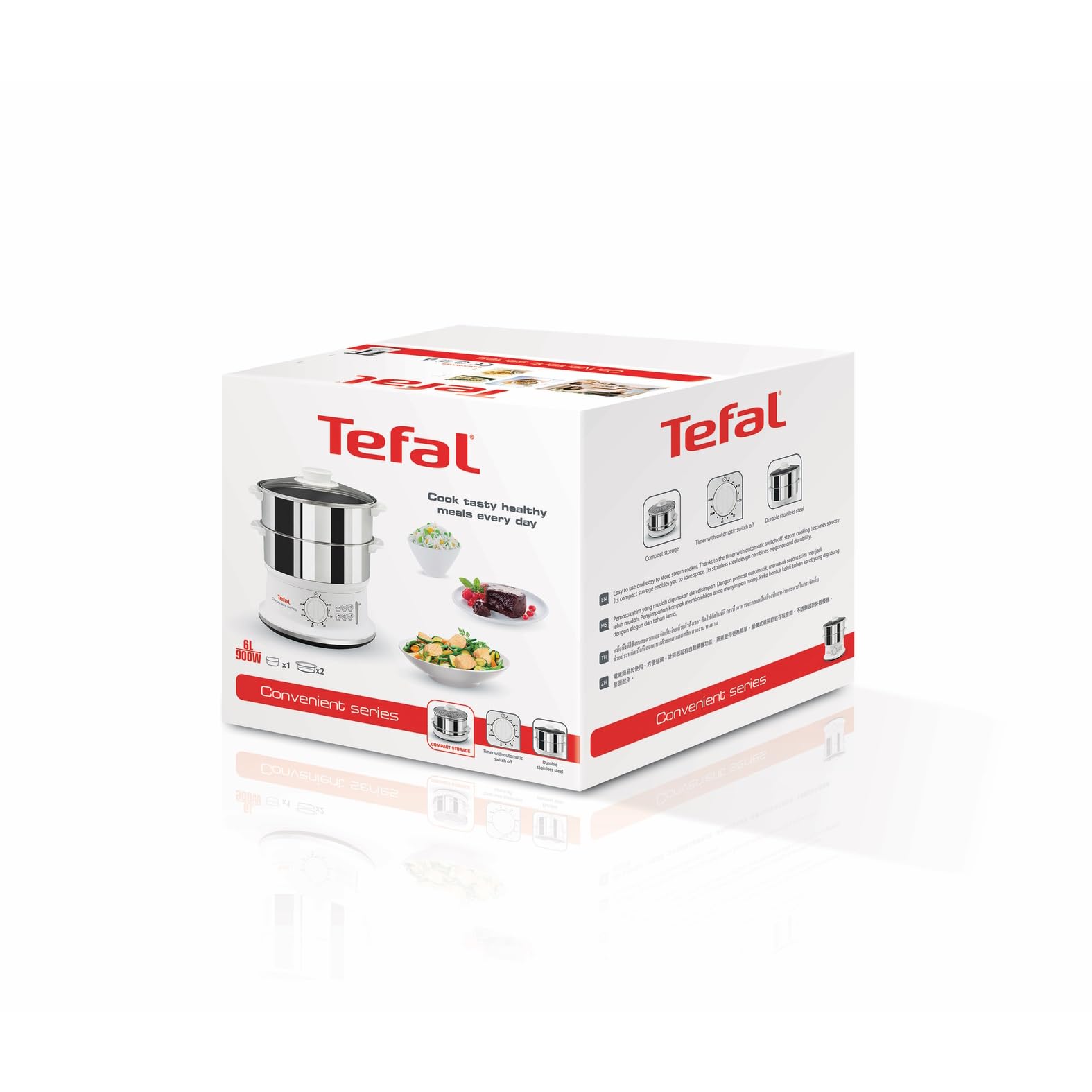 Tefal Dampfgarer elektrisch, 2 Edelstahlbehälter, 6L Fassungsvermögen, Dampfkocher mit 24cm Durchmesser, Timer und automatische Abschaltung, 900W, weiß, VC1451