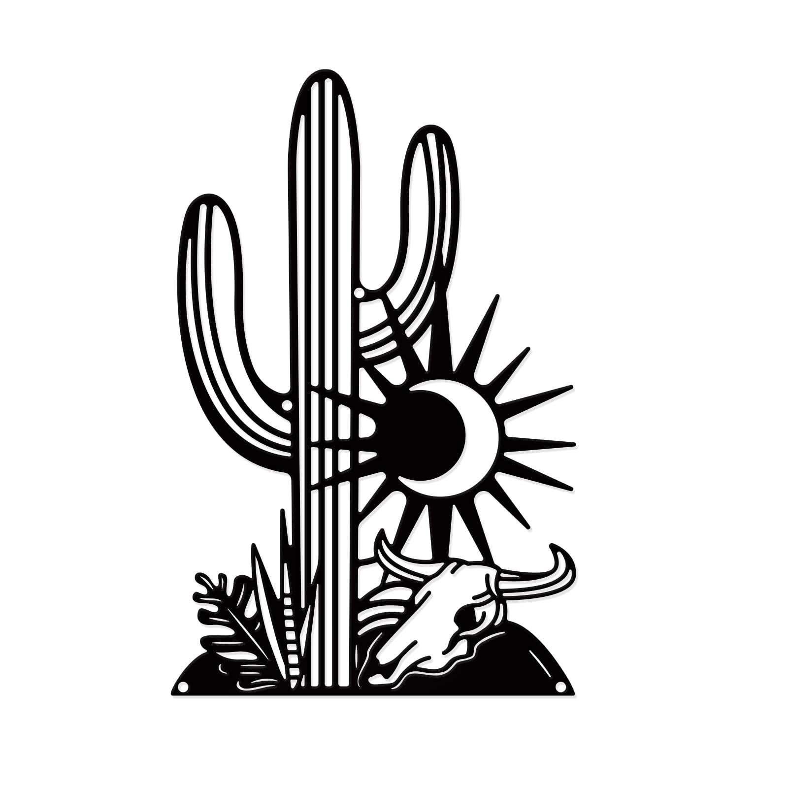NBEADS Cactus Wall Decor, Iron Wall Sculpture with Screws Black Metal Art Ornament Plants Bull Decorative Sun Moon Wall Hanging Artwork for Living Room Indoor Outdoor Home