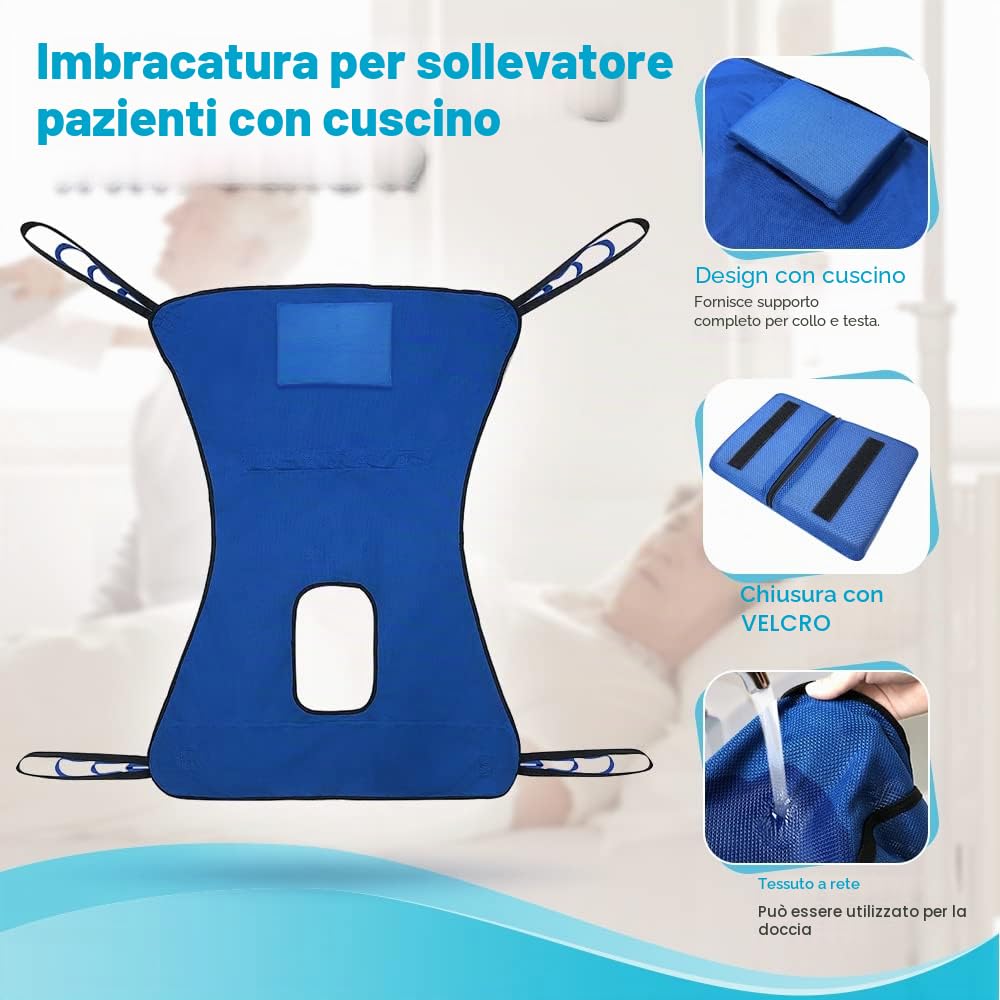 Cintura di trasferimento elettrica per sollevamento paziente, grande, in rete, per doccia, uso domestico, con supporto per la testa, per disabili medici, toilette e toilette completa, colore blu