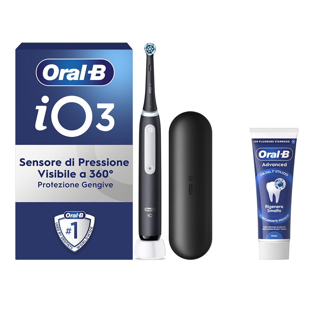 Oral-B Spazzolino Elettrico Ricaricabile iO 3N Nero, 1 Testina Di Ricambio, 1 Spazzolino Elettrico Oral B + 1 Dentifricio Gengive & Smalto Pro-Repair Classico 75ml