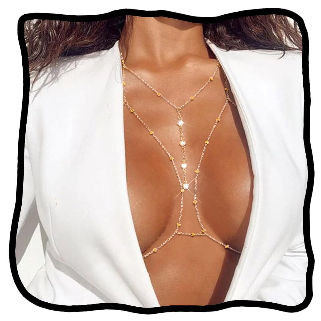 Woeoe Rhinestone Body Chains for Women Layered Crystal Crossover Bikini Bra Body Jewelry Summer Beach Sexy Belly Waist Chain