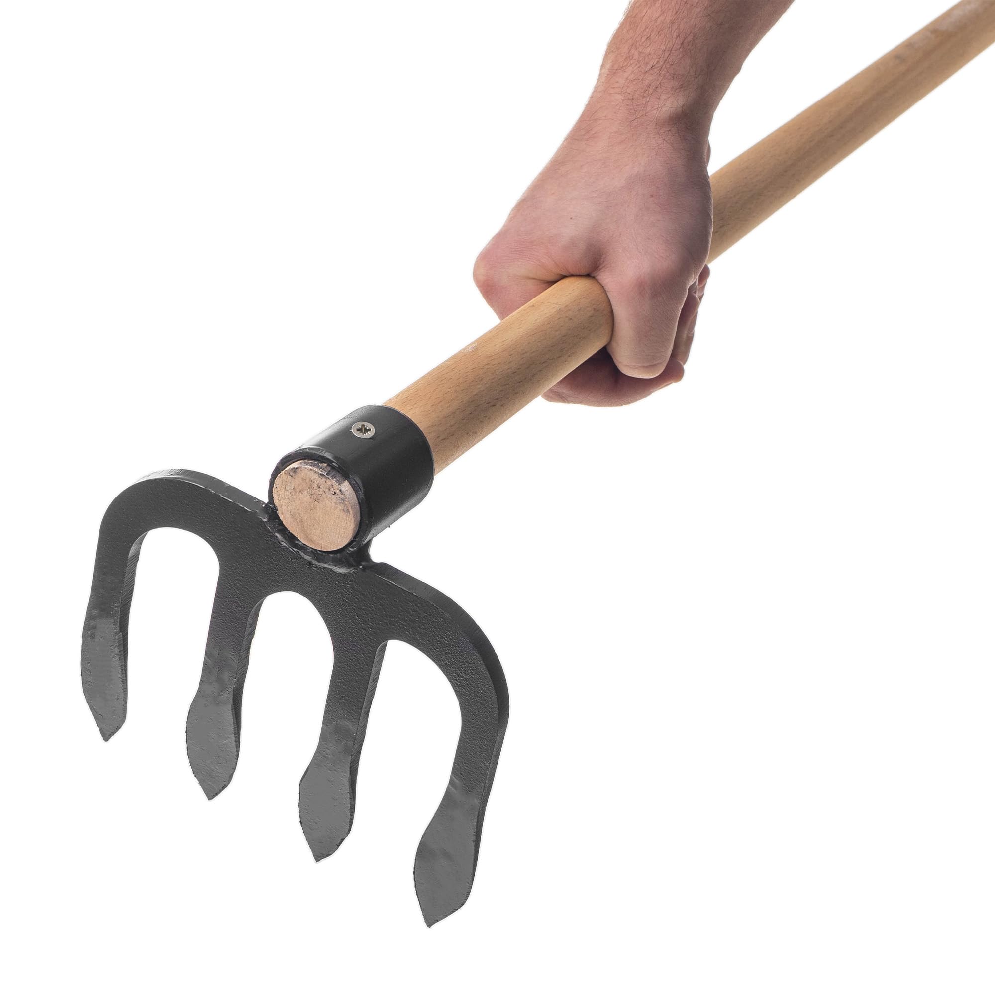 KADAX Talon de pommes de terre à 4 dents avec long manche en bois, talon de jardin en acier forgé, talon de fumier pour jardinage, hachoir pour jardin (avec tige)