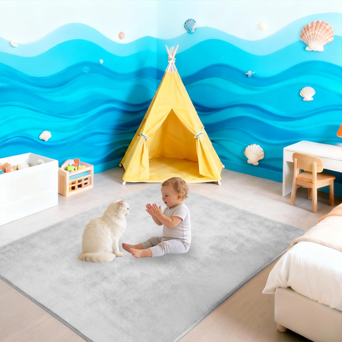 Krabbelmatte Baby, 2 cm Dicke Baby Spielmatte, kuschelig weich, schützt vor Stößen, Teppich Kinderzimmer mit hochwertigem Memory-Schaum, Krabbeldecke warm 180 x 320 cm Grau