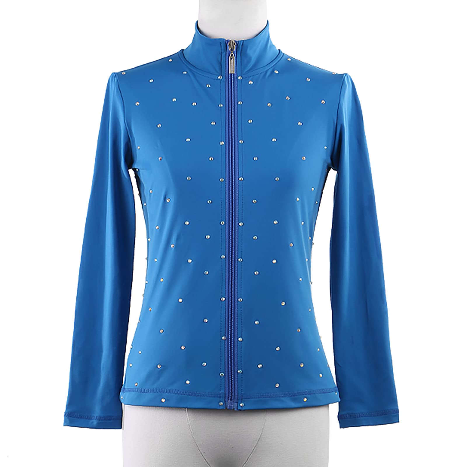 Chaqueta de Patinaje Artístico con Pantalones Mujeres Chaqueta de Patinaje sobre Hielo Elástico Ropa de Patinaje de Competición de Entrenamiento con Pedrería(Size:Xyo,Color:Azul)