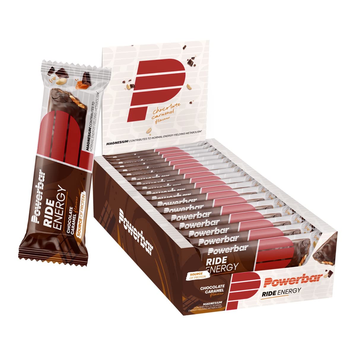 Powerbar - Ride Energy - Chocolate Caramel - 18x55g - Barrita proteica con carbohidratos - Magnesio - Sin colágeno