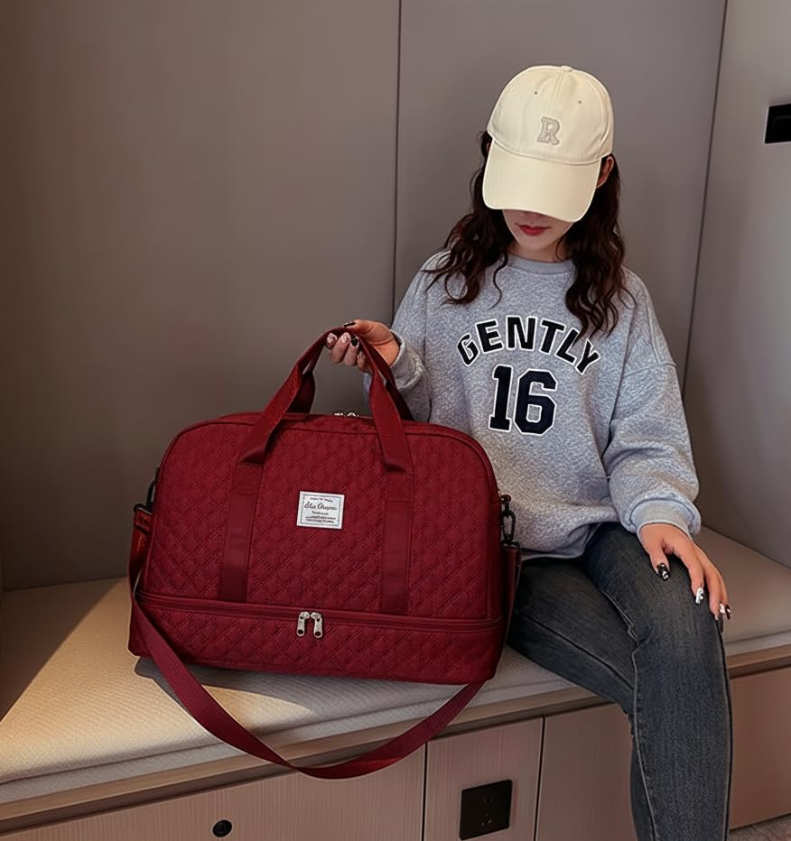 Image of WILDHORN 37 litres Nylon Travel Duffle Bag for Men & Women | 49 cm Weekender Gym Bag with Back Zipper Pocket & Trolley Strap | Overnight Cabin Luggage Shoulder Bag (Maroon)