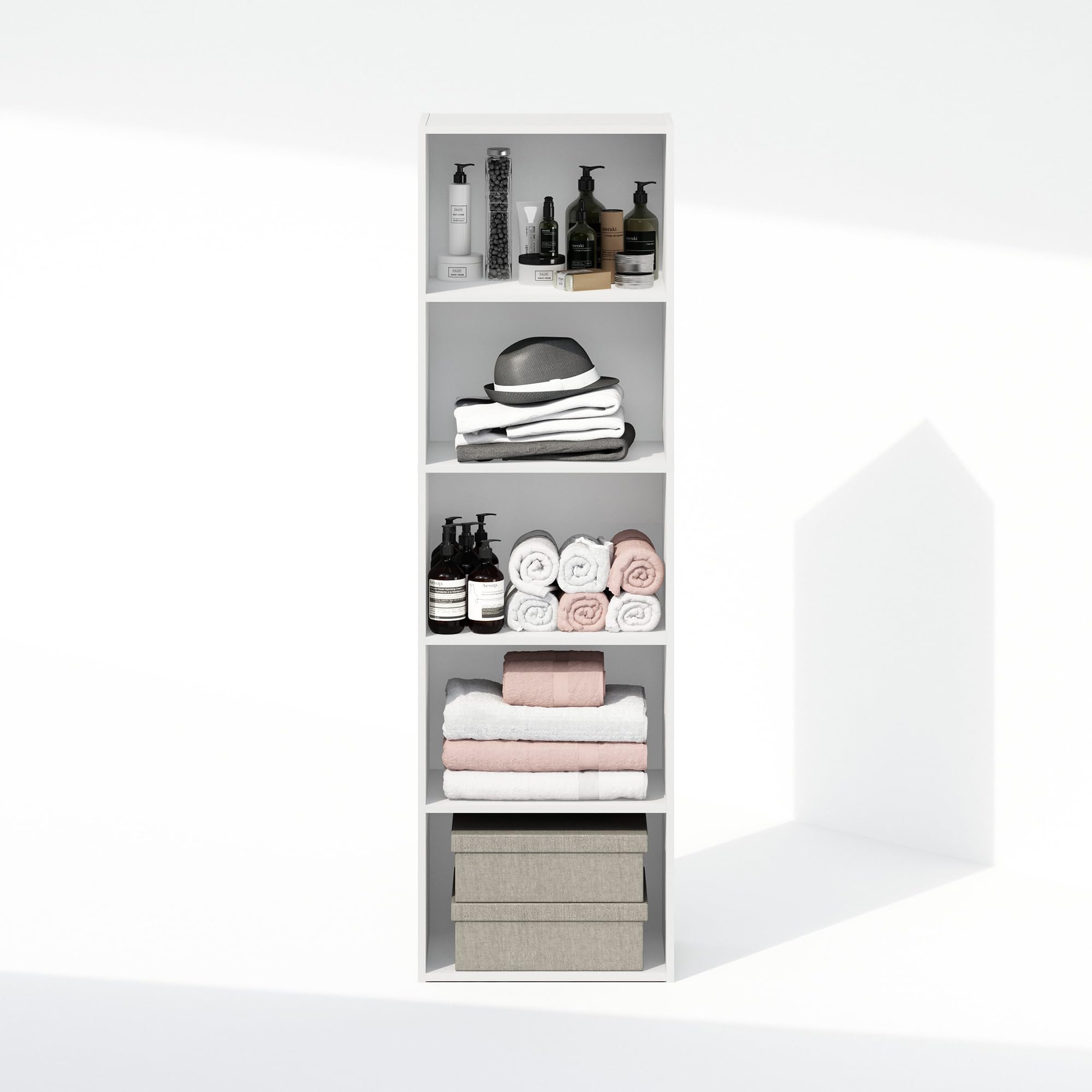 Furinno Reed Kleiderschrank-Organizer und Aufbewahrung, 5-Ebenen Kleiderschrank-Organizer, Offenes Regal Kleiderschrank-Aufbewahrung, für Kleiderschrank, Schlafzimmer, Wohnzimmer, Weiß