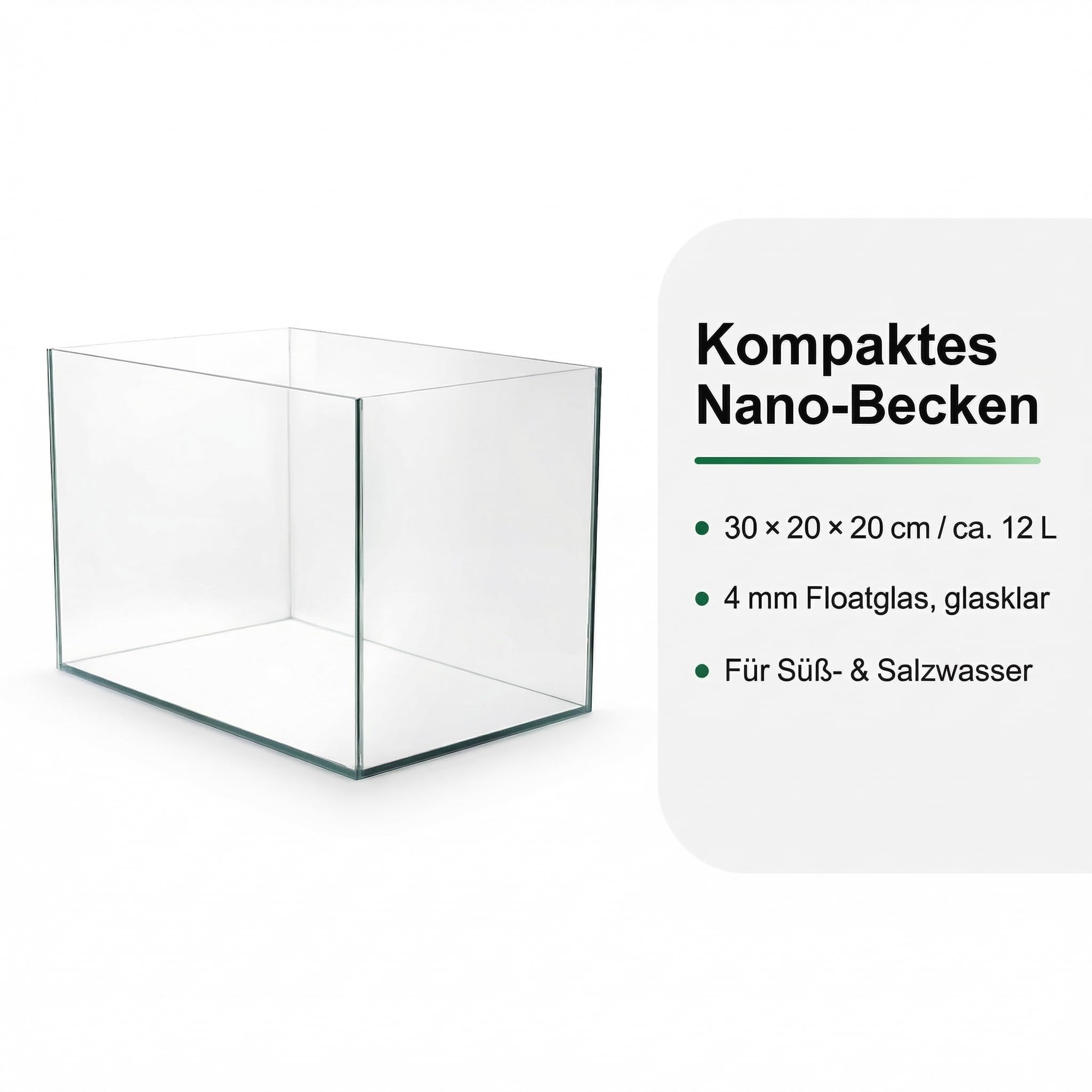 Pondlife Aquarium 30x20x20 cm, 12 Liter Glasbecken ohne Rahmen, 4 mm Floatglas, geschliffene Kanten, Süß- und Salzwasser geeignet, mit Unterlage