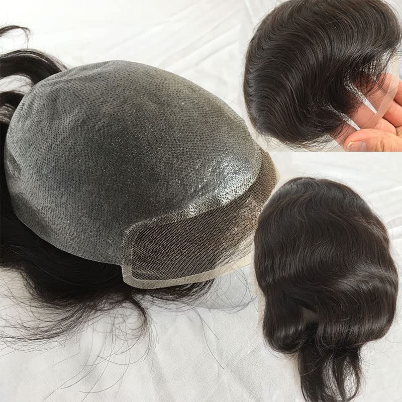 Miniatura 3 de Toupee para hombres 100% cabello humano europeo suizo frente encaje frontal natural piezas de cabello 0.003 in piel fina PU V-looped sistema de