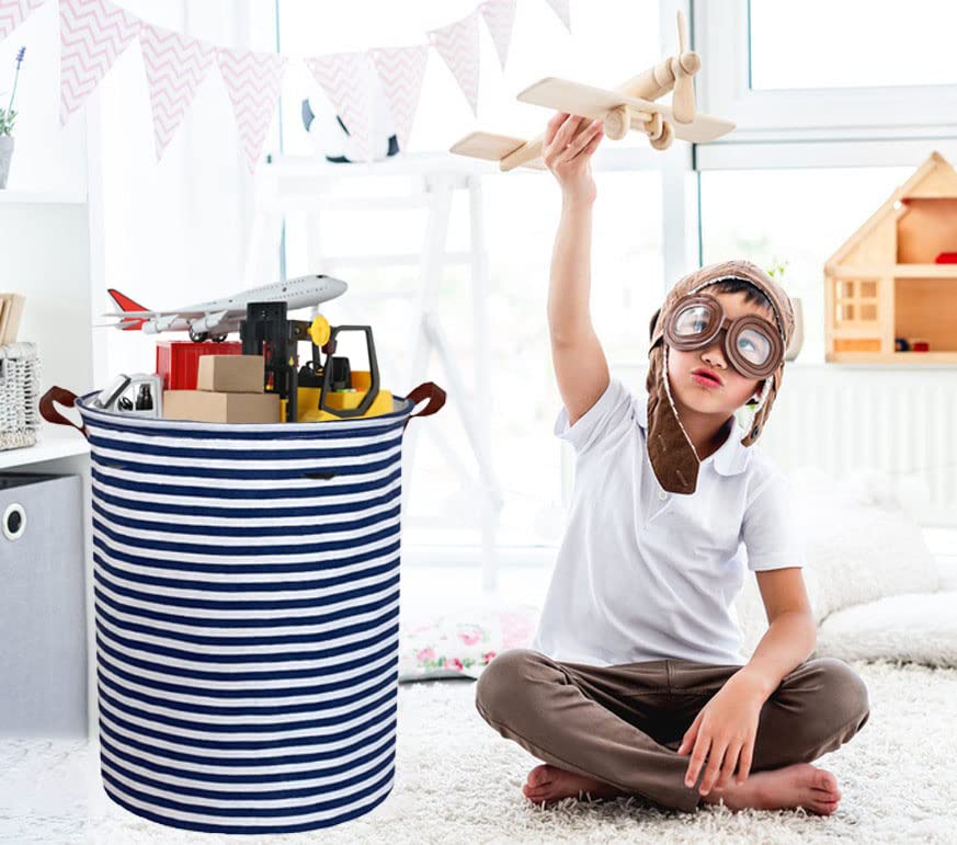 Image of ESSME 2pack Kids Laundry Hamper,Boys laundry basket,Collapsible Bule storage basket with Waterproof PE Coating,Canvas Fabric Nursery Hamper for Kids Room Decor,Toy storage,Gift,Baby Clothing.(2pack Navy Blue stripes)