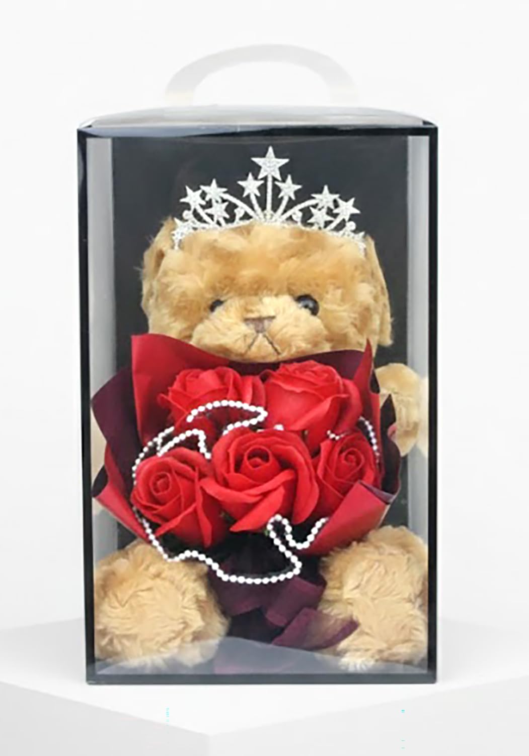 Emartbuy Valentine’s Teddy Bear with Red Rose Bouquet in Clear Gift Box - Romantic Luxury Bear Gift with Crown - Image 2