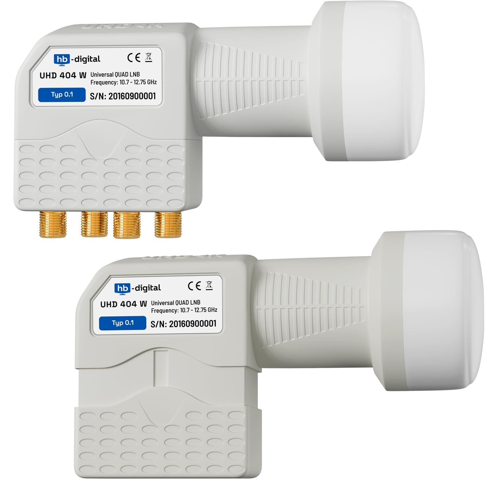 HB-DIGITAL Quad LNB 4 Veces DVB-S DVB-S2 Full HD TV 3D TV 4K UHD Sat 4 Participantes con Protección Climática + 8X F-Conectors Dorados