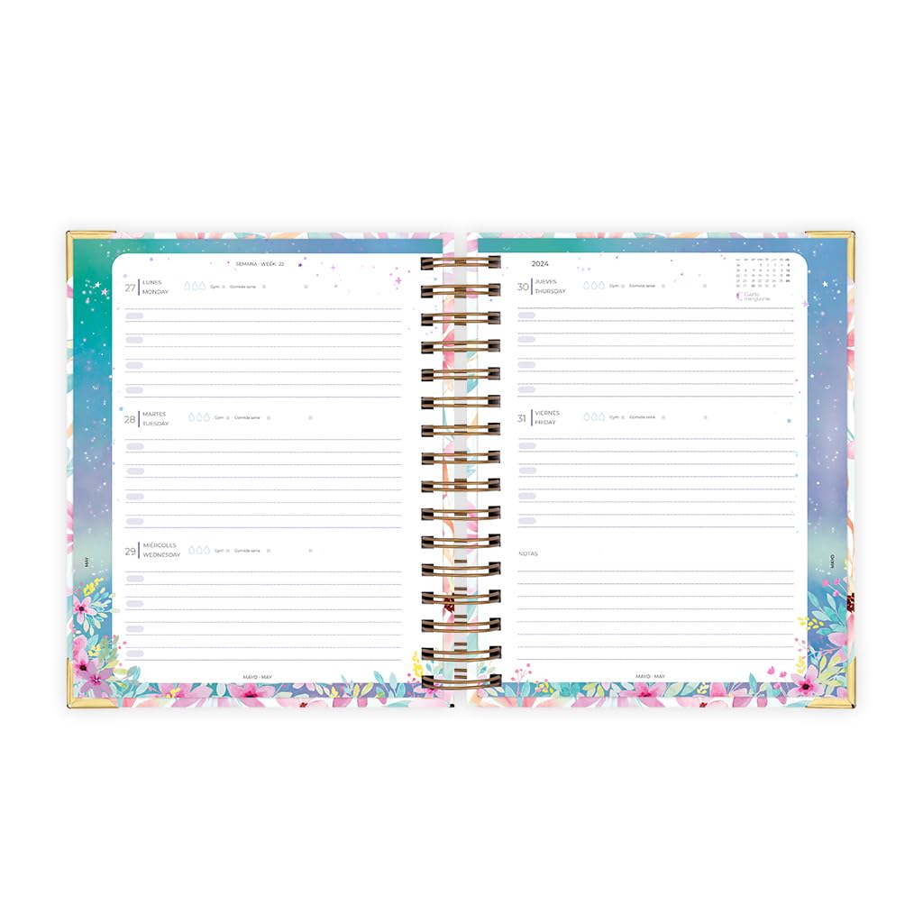 Nukua Notes, Agenda 2024 January to December (12 months), Week to View, A5 (15.5x20.5cm), Spanish and English, Golden Rings - Image 2