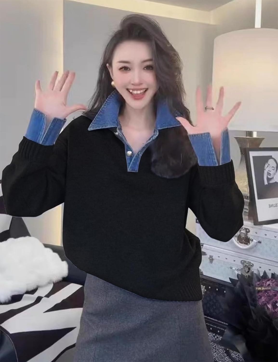 Womens Fall Oversized Long Sleeve Sweaters 2 in 1 Denim Panel Lapel Sweater Polo Knit Sweater Tops - Image 5
