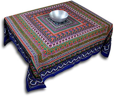 India Arts Handmade Cotton Geometric Mandala Floral Tablecloth Round Beach Sheet Beach Throw (Blue Orange, Square 70 x 70 inches)