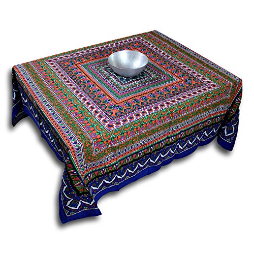 India Arts Handmade Cotton Geometric Mandala Floral Tablecloth Round Beach Sheet Beach Throw (Blue Orange, Square 70 X 70 Inches) #TOP9