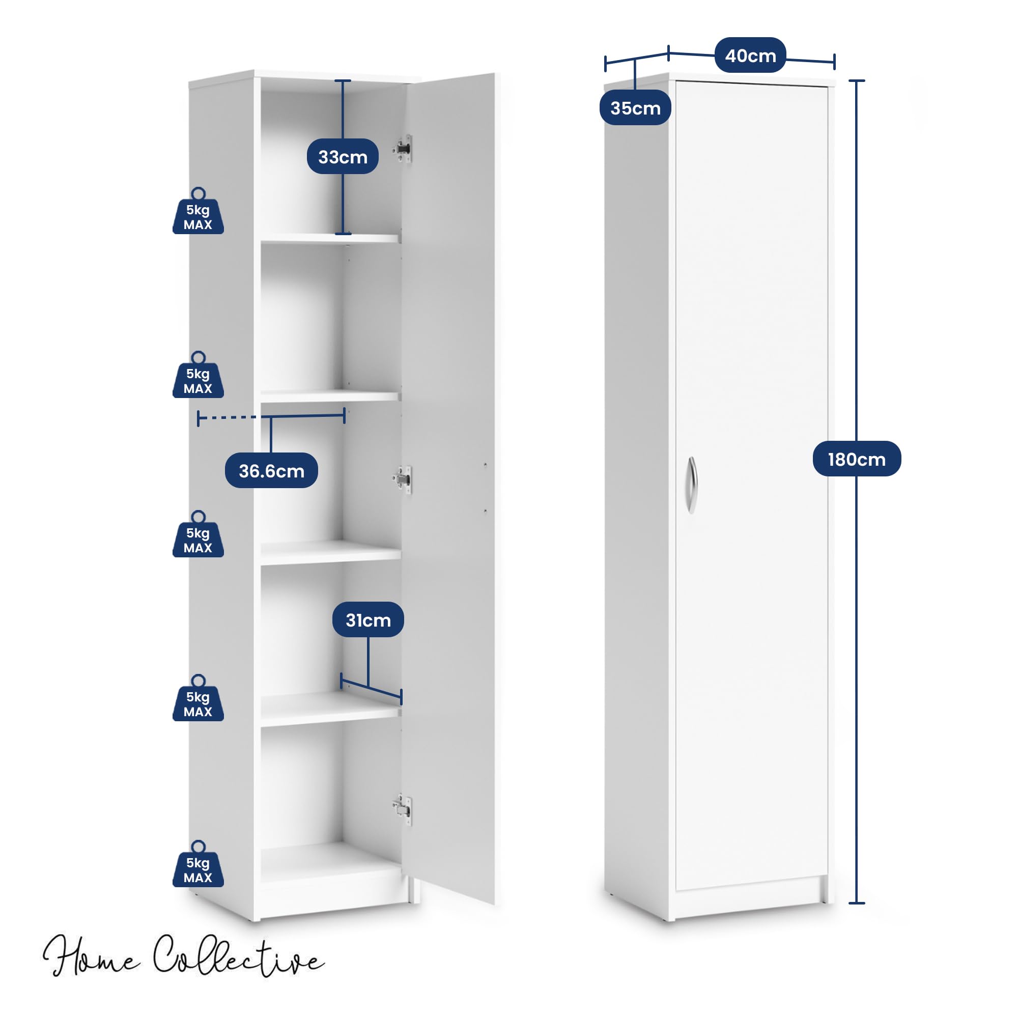 Home Collective Bücherregal Kleiderschrank Regal Schrank Mehrzweckschrank mit 4 Einlegeböden Aktenschrank Garderobenschrank | 40x35x180 cm (BxTxH) | für Schlafzimmer Flur Büro Keller | weiß