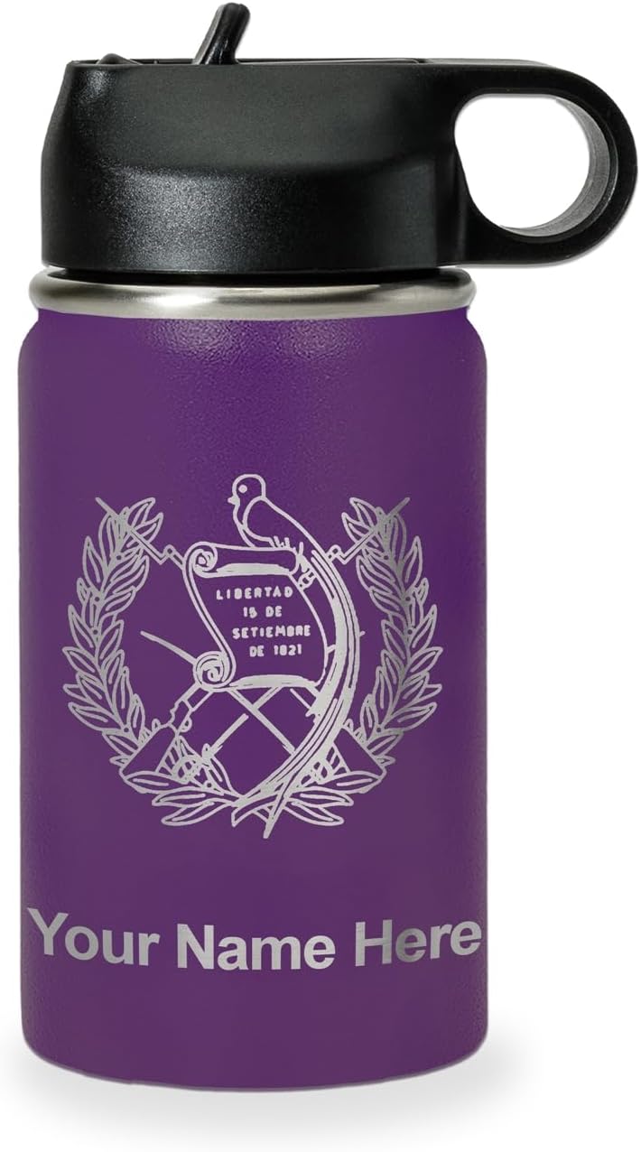 LaserGram Personalized Water Bottle, Flag of Guatemala, Stainless Steel Double Wall Vacuum Insulated with Flip Top Straw, Custom Engraved Gift (12oz / 335ml Dark Purple)