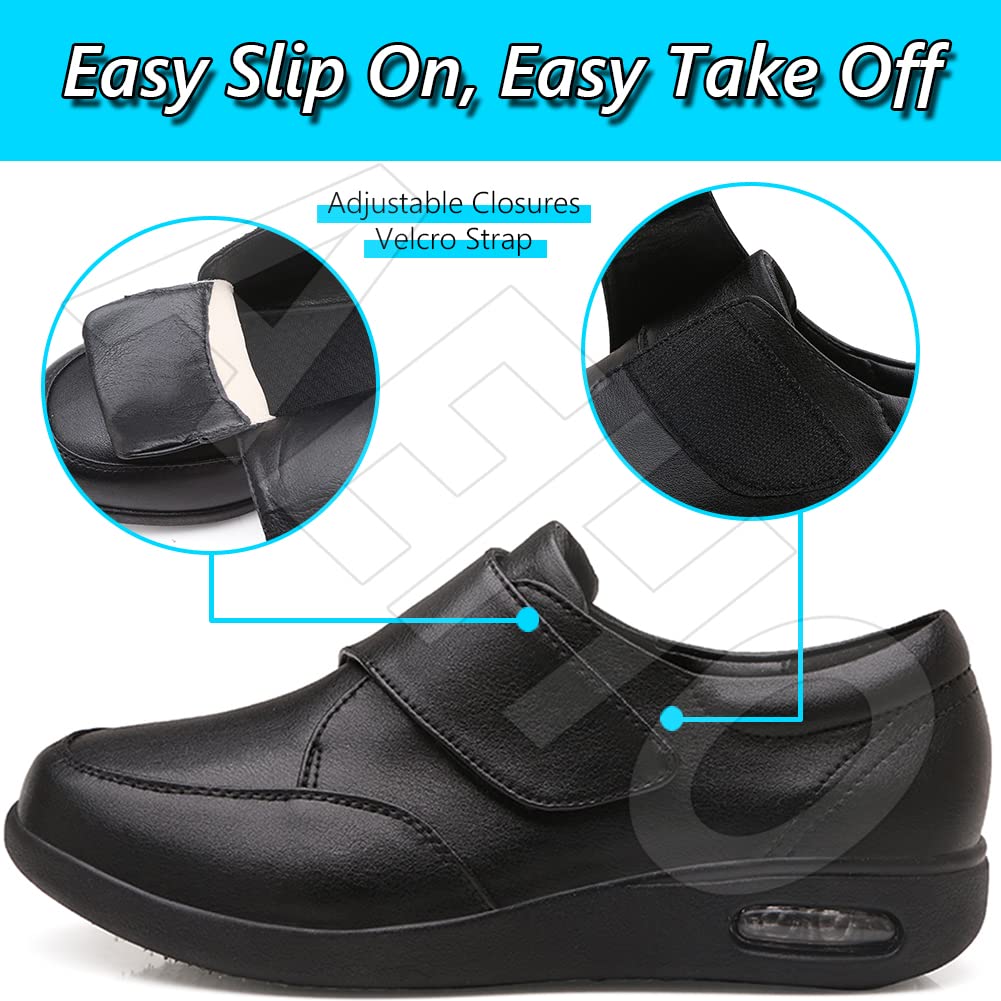 AEHO Pie Diabetico Cuero PU Zapatillas para Diabéticos Hombres Zapatos De Ensanchamiento De Fertilizante De Gran Tamaño Plus para La Hinchazón del Pie Fascitis Plantar,Negro,42 EU