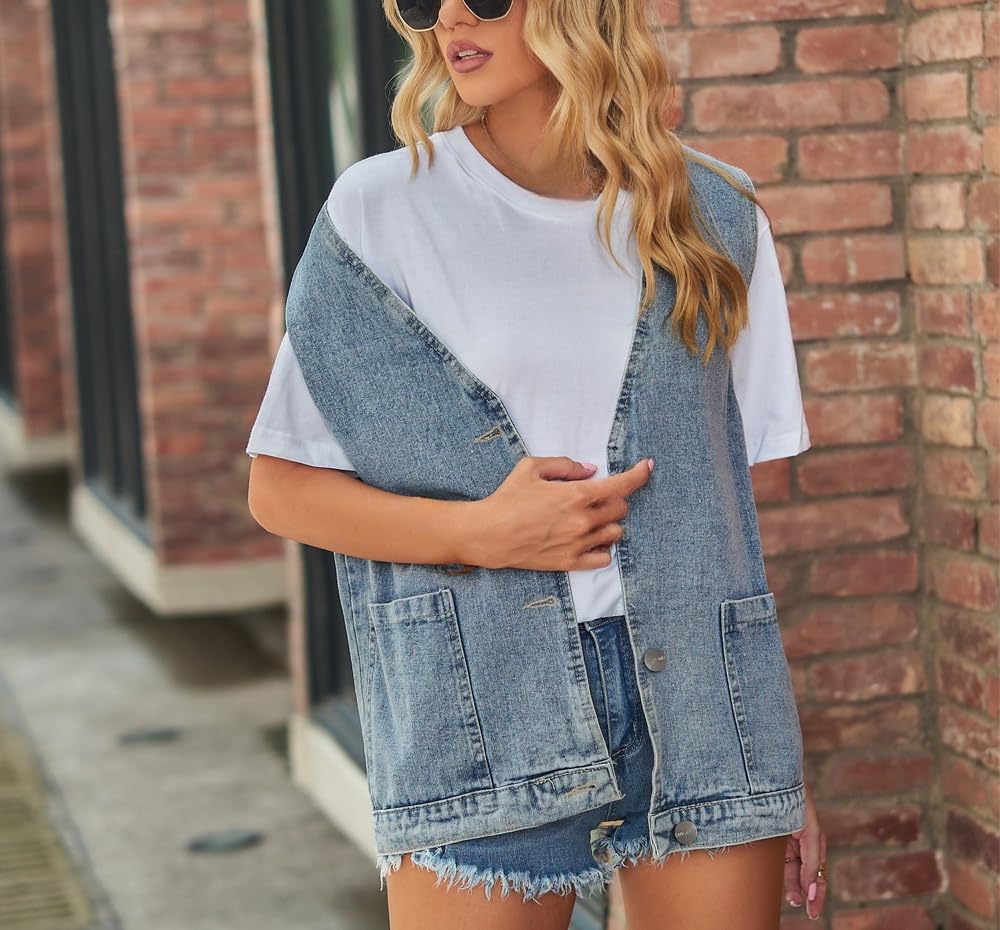 Gilet Jeans Donna,Gilet In Denim Da Donna Senza Maniche Scollo A V Profondo con Bottoni Canottiere Da Donna Gilet In Denim Oversize Giacche con Tasche Gilet In Denim Da Donna Vintage Streetwear Azzu