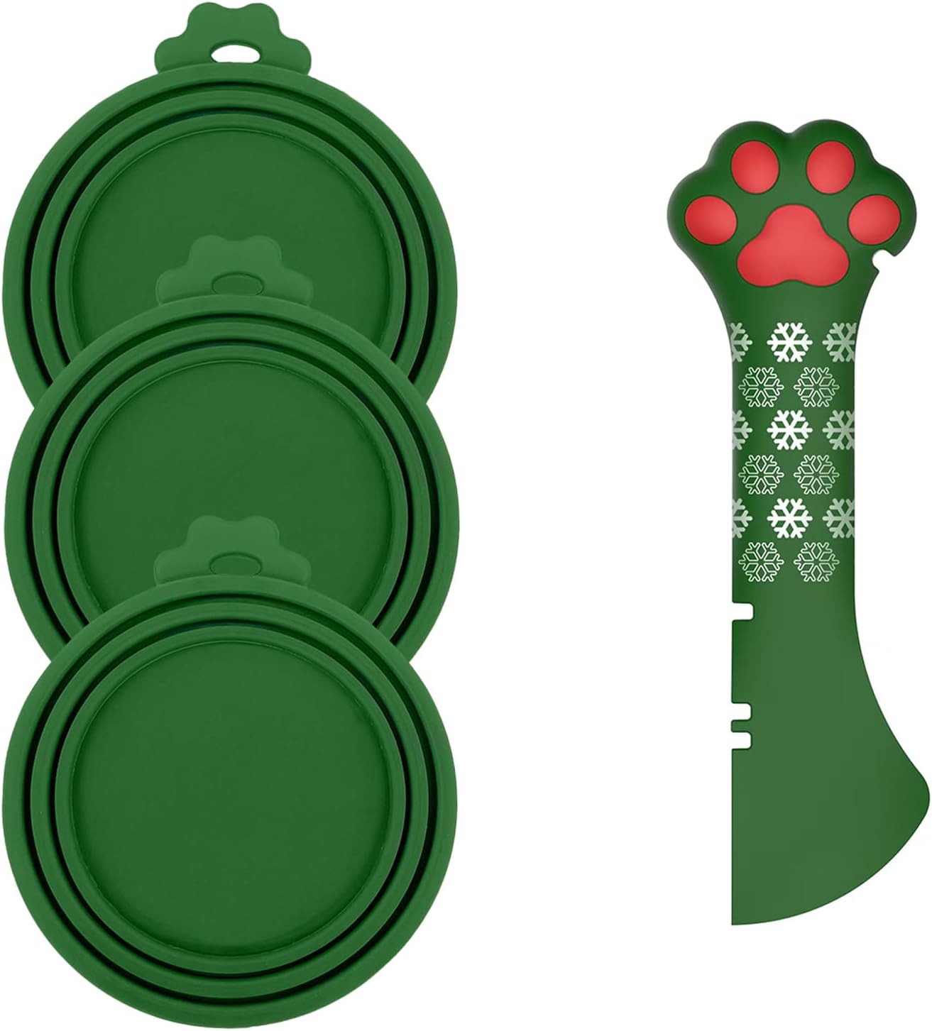 Christmas Pet Set - 3 Cat Food Can Lids & 1 BPA-Free Can Opener | Cute Paw Shape Opener Spatula Spoon for Wet Food | Silicone Spoon & Covers for Dog Cat - Christmas Green