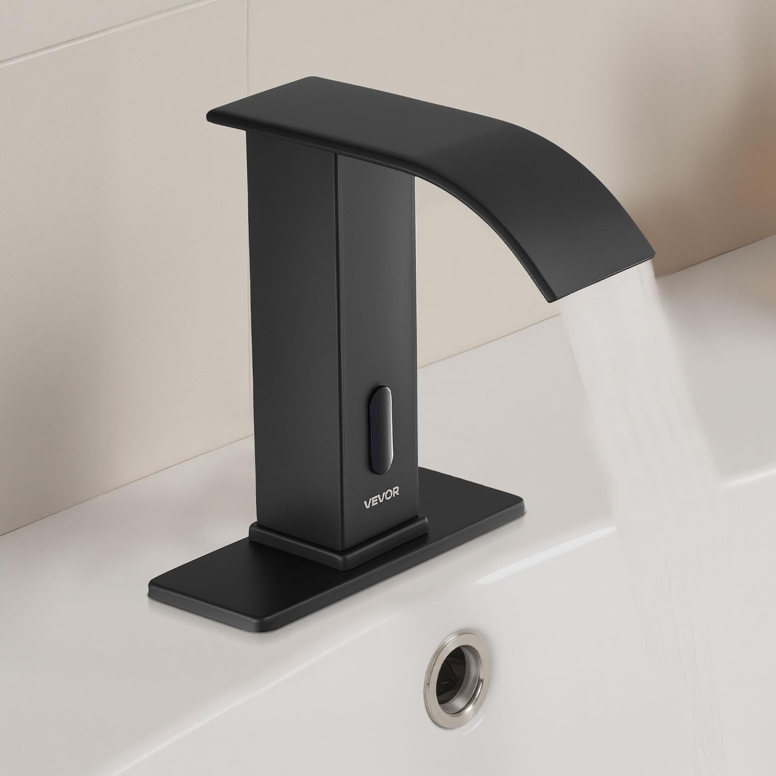 VEVOR berührungsloser Waschtischhahn (Mattschwarz) Badezimmer, automatische Waschtischarmatur mit Lochabdeckung, batteriebetriebener Wasserhahn gewerblicher Toilettenhahn, Sensorhahn mit Wasserfall