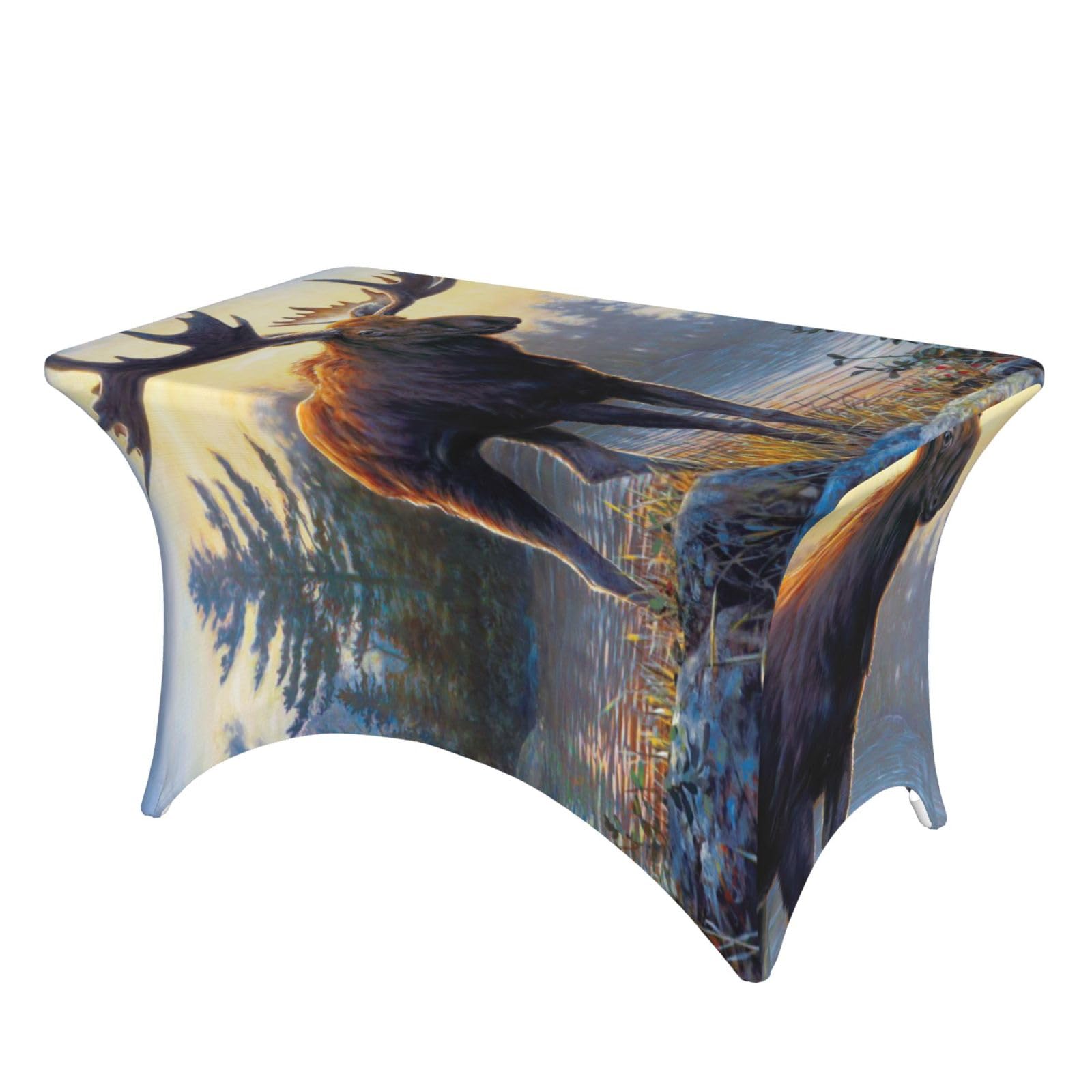 Dcehgew Moose Deer 4Ft Spandex Rectangular Table Cloth, Printed Fitted Elastic Tablecloths Washable Table Cover For Event, Wedding, Banquet & Party