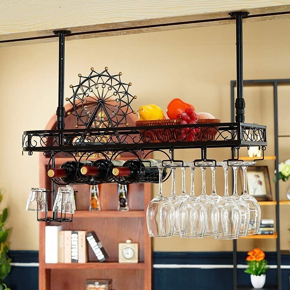 Casier à vin porte-bouteille mural noir 80x25cm avec porte-verre suspendu