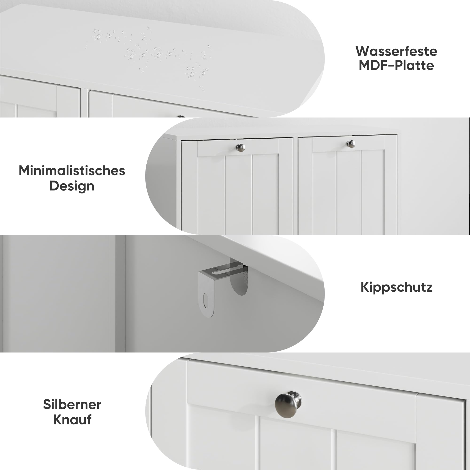Badezimmerschrank mit Wäschekorb 42x32x76 cm Weiß, kippbar, 2 herausnehmbare Körbe, mit Wäschekippe und Kippschutz, freistehend, für Waschküche und Bad