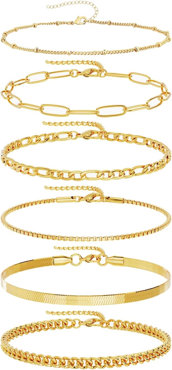 GAUEIOUR 6 Pcs Bracelet for Women Gold Stainless Steel Stacking Bracelets, Rope Cuban Figaro Link Charm Bracelet Adjustable Bracelet Stack Versatile Style Metal Bracelet Set for Women(Gold)