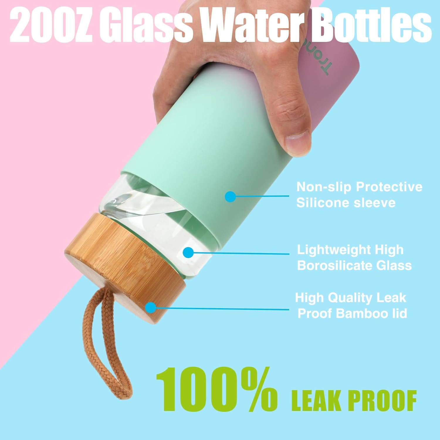 Tronco 20 oz Glass Water Bottles with Lids, Reusable Borosilicate Glass Bottles with Bamboo Lid & Non-Slip Silicone Sleeve for Gym, Hiking, Men and Women, Leak-Proof, BPA-Free, Dishwasher Safe - Image 3